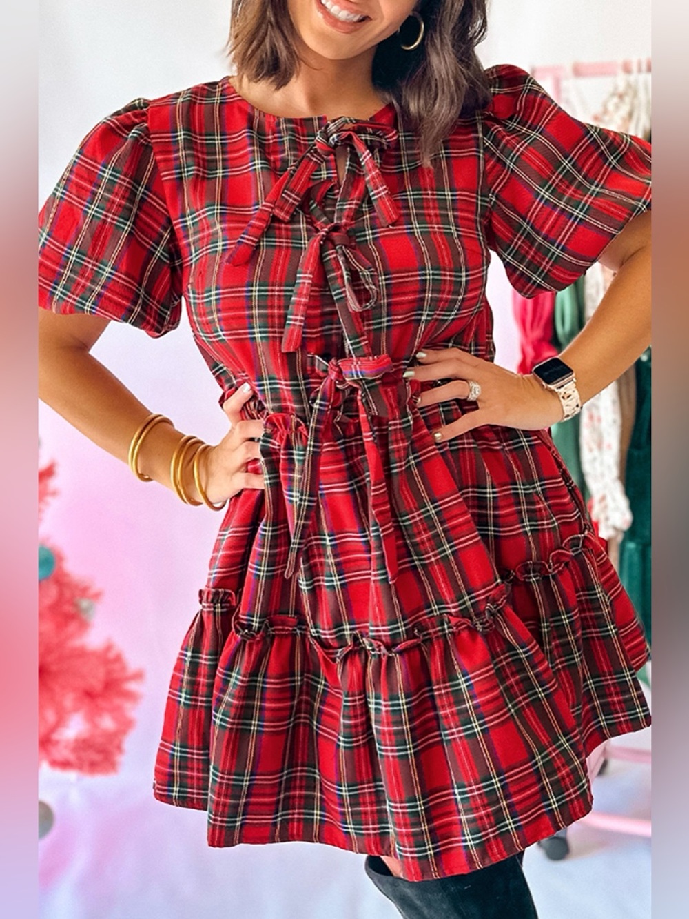 Plaid Knot Neck Short Sleeve Mini Shift Dress